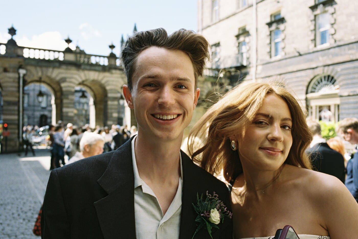 Rory with a wedding guest outside the registry office